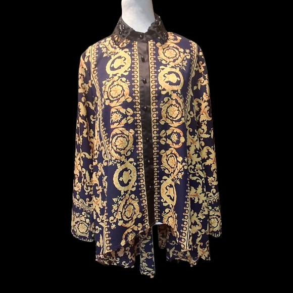 Pastel Button High-Low Gold/Black Long Sleeve Blouse Tunic Top Women Size Large - Picture 3 of 14